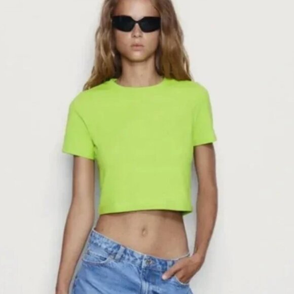 NWT ZARA CROPPED STRETCH T-SHIRT LIME GREEN - Picture 2 of 7